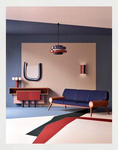 a living room with blue and pink furniture