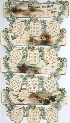 an old fashioned calendar with birds and flowers on the front, and numbers in the back