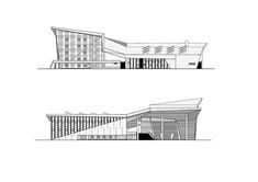 two drawings of the front and back sides of a building with windows on each side