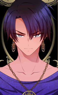 an anime character with purple hair and blue eyes, wearing gold chains in front of a black background