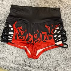 Sexy Black And Red Flame High Wasted Shorts With Open Criss Cross Design On The Sides! Nwt S But Fits Like An Xs Red And Black Emo, Red Top Outfit, Black One Piece Jumpsuit, Girlfriend Clothes, Ripped Top, High Wasted Shorts, Wwe Outfits, Shorts High Waisted