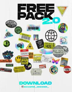 the poster for free pack 20 shows various stickers and tags on white paper with black lettering