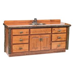 a bathroom vanity made out of wood and metal