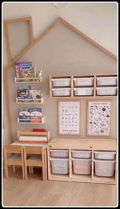 a child's playroom with toys and storage bins on the wall next to it