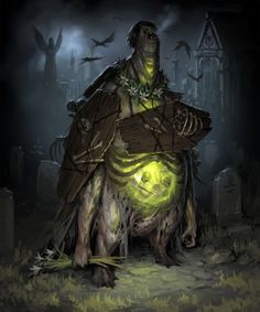 an image of a creature that is in the middle of a graveyard with bats flying around