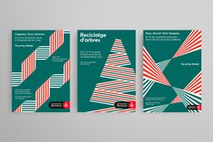 three brochures designed to look like christmas trees with red, white and green stripes