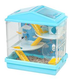 a small blue bird cage with yellow and white accessories