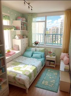 a bedroom with a bed, desk and bookcases in front of a window