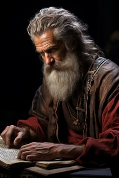 an old man with long white hair and beard reading a book