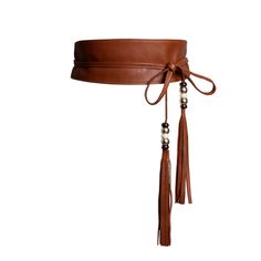 a brown leather belt with tassels and beads on the side, tied together