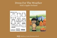 Help Nick get dressed for the weather! Learn about what the days weather is going to be and pick the perfect outfit. Chose between 18+ outfit combos.  Wardrobe Includes: *Short Sleeve Shirt *Long Sleeve Shirt *Rain Coat *Rain Hat *Cargo Pants *Jeans *Sneakers *Rainboots *Sandals Nick's Apple Orchard Includes: *Instructions *Nick's Fall Wardrobe *Apple Orchard Backdrop This is a Instant Digital Download and is not a physical item sent to you. Please keep in mind you will need a printer, paper, ink, scissors and (optional) a laminator/sheets. You will receive your Instant Digital Download after the payment has been processed. You will receive an email notifying that the download is available in your Etsy purchases. SUGGESTIONS I would recommend using a card stock paper to print onto. If you Weather Homeschool, Dress For The Weather, Cargo Pants Jeans, Cargo Hose, Rain Hat, Homeschool Classroom, Outfit Combos, Apple Orchard, Rain Coat