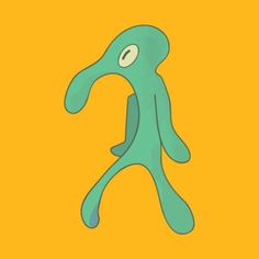 an octopus is standing in the middle of a yellow background with blue and green colors