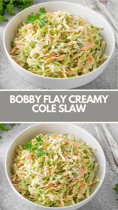 two bowls filled with coleslaw and garnished with parsley