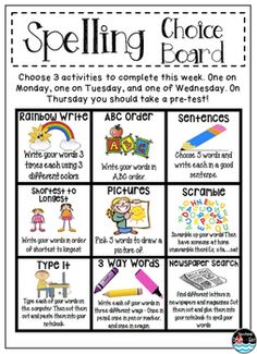 a poster with the words spelling choice board and pictures for each child's name