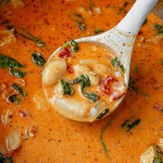 a spoon full of soup with spinach and mushrooms