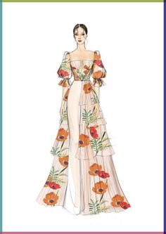 a drawing of a woman in a long dress with flowers on the front and side