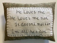 a pillow with a message on it that says, he loves me he loves me not i doesn't matter i'm all he got