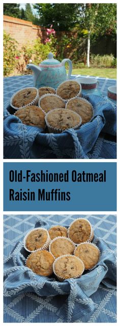 old fashioned oatmeal raisin muffins on a blue table cloth