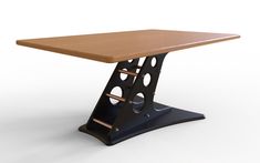 a wooden table sitting on top of a metal base with holes in the center and bottom