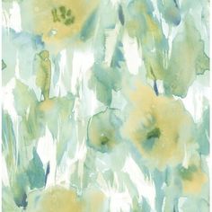 an abstract painting of yellow and green flowers on a white background with watercolor effect