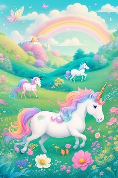 a painting of two unicorns in the middle of a field with flowers and butterflies