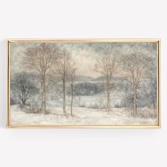 a painting with trees and snow on the ground in front of a white wall background