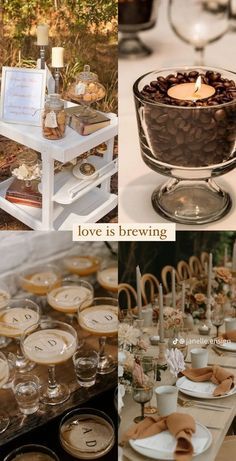 there are many different pictures of food and drinks on the table, but one is labeled love is brewing