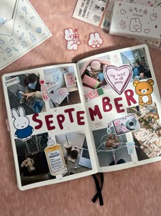 an open book with pictures and stickers on the pages that read,'september '