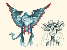 two monkeys with wings and hats on their heads, one is wearing a hat and the other has a tie