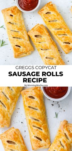 sausage rolls with dipping sauces on the side and an image of two images showing how to make them