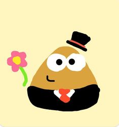 a cartoon character holding a flower in one hand and wearing a top hat on the other