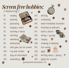 the screen free hobbies poster is shown with many things to read and do on it