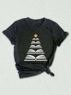 Introducing the Books Tree Christmas Shirt, the perfect gift for book lovers and teachers this holiday season. This cute and festive tee is designed for all the bookworms out there who want to show off their love for reading during Christmas time. Made with high-quality materials, this shirt is not only comfortable but also durable. Whether you're buying it for yourself or as a gift, the Books Tree Christmas Shirt is sure to bring joy and holiday spirit to any book enthusiast.Books Tree Christmas Shirt, Cute Christmas Tee, Christmas Gift, Book Lovers Christmas Gift, Bookworm Christmas Shirt, Gift For Teachers Dark Grey Casual  Short Sleeve  Animal,Cartoon,Christmas,Colorblock,Figure,Geometric,Graphic,Letter,Striped,Plants,Textured Pattern    Women Clothing, size features are:Bust: ,Length: Christmas Gift Book, Book Christmas Tree, Plant Texture, Christmas Tree Graphic, Book Tree, Winter T Shirts, Book Enthusiast, Cartoon Christmas, Christmas Tree Shirt