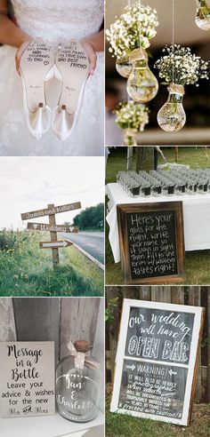 wedding decorations and signs are arranged on the grass, with flowers in glass vases