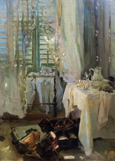 a painting of shoes and table cloths on the floor in front of a window