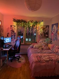 a bedroom decorated with hello kitty decorations and lights