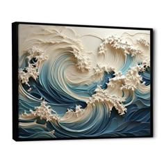 an abstract painting with white and blue waves in the ocean canvas wall art print on metal or plexed wood