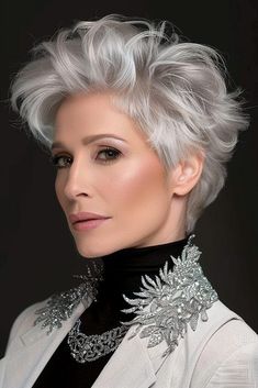 Layer Pixie Haircut, White Hair With Lowlights Older Women, Short Silver Hair Pixie Cuts Older Women, Short Gray Hair Over 50, Grey Pixie Haircut, Curly Silver Hair, Bold Haircuts, Very Short Pixie Cuts