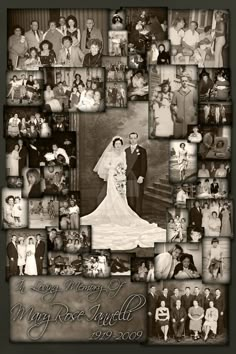 an old black and white wedding photo collage with many pictures on it, including the bride and groom