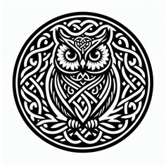 an owl is in the middle of a circle with intricate designs on it's face