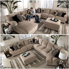 two pictures of a man and woman sitting on a couch in front of a large sectional sofa