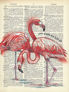 two pink flamingos are standing next to each other on an old dictionary book page