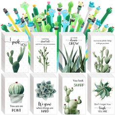 there are many different cactus cards in the box with each one's own name