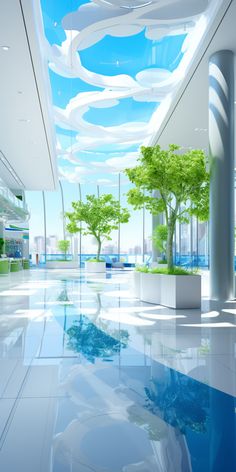 an artistic rendering of the inside of a building with blue sky and clouds painted on the ceiling