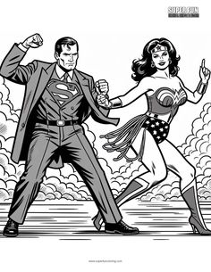 a man and woman dressed as superman and wondergirl in black and white coloring pages