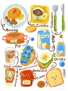 a drawing of breakfast food with coffee, milk, eggs, toast and other things to eat