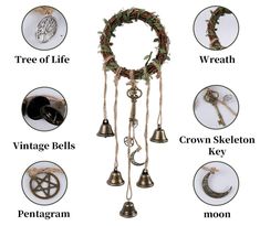 an assortment of bells and other items with words describing them on the bottom right hand corner