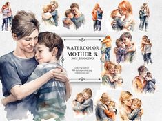 watercolor mother and son hugging each other