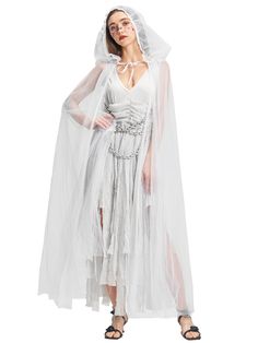 PRICES MAY VARY. Women's Haunting Beauty Costume are made of 100% polyester fabric and knit mesh. All of our products are made from safe materials, and tested with official laboratories. Cape with attached hood, and plastic waist chain which can be wrapped around your waist. Adult ghost cape is covered in white and grey tattered material. Dry Clean Only. Women dress costume and mesh cape are separate. Please consult the size chart that is given in the last image of the listing. If you are not in Ghost Fancy Dress, Ghost Bride Costume, Witch Cape, Snow Queen Costume, Narnia Costumes, Zombie Ghost, Headband Veil, Vampire Dress, Ghost Bride