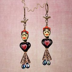 FRIDA KAHLO Earrings,  Day Of The Dead, Ceramic, Glass, Brass Frida Kahlo Earrings, Doll Earrings, Ruby Fuchsite, Teal Background, Glass Heart, Studio S